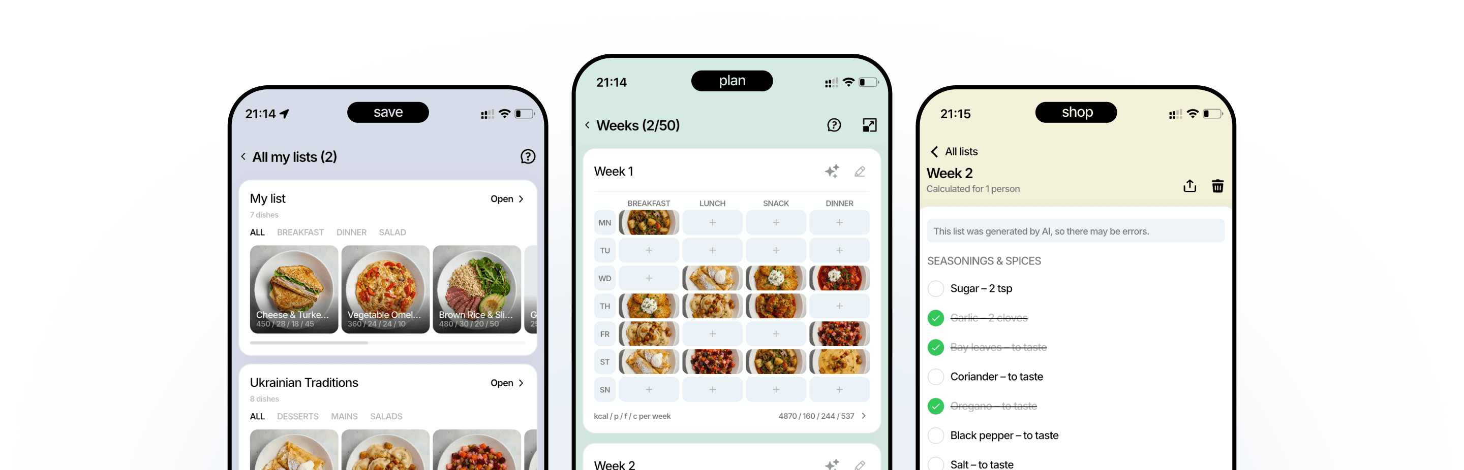 FoodsPlans app: save dishes, plan weeks, shop with a list