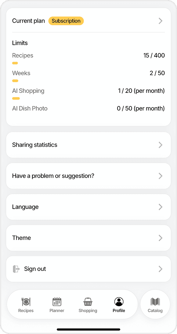 FoodsPlans profile screen