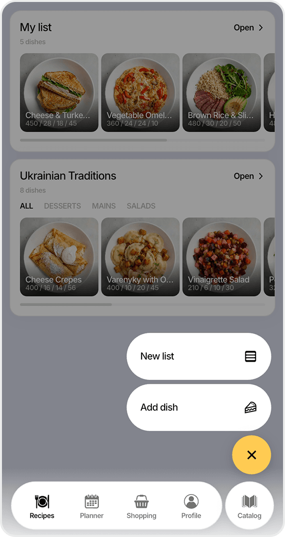 FoodsPlans recipes screen