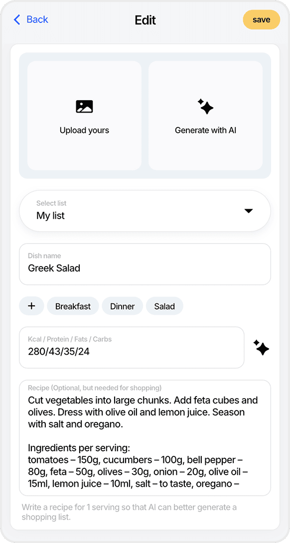 FoodsPlans add dish screen