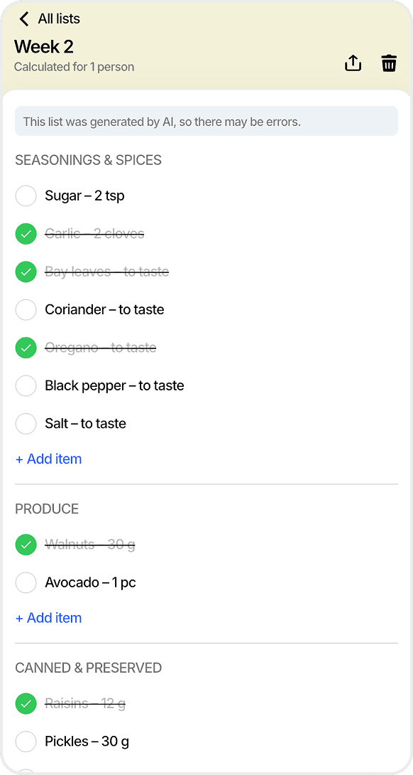 FoodsPlans generated grocery list