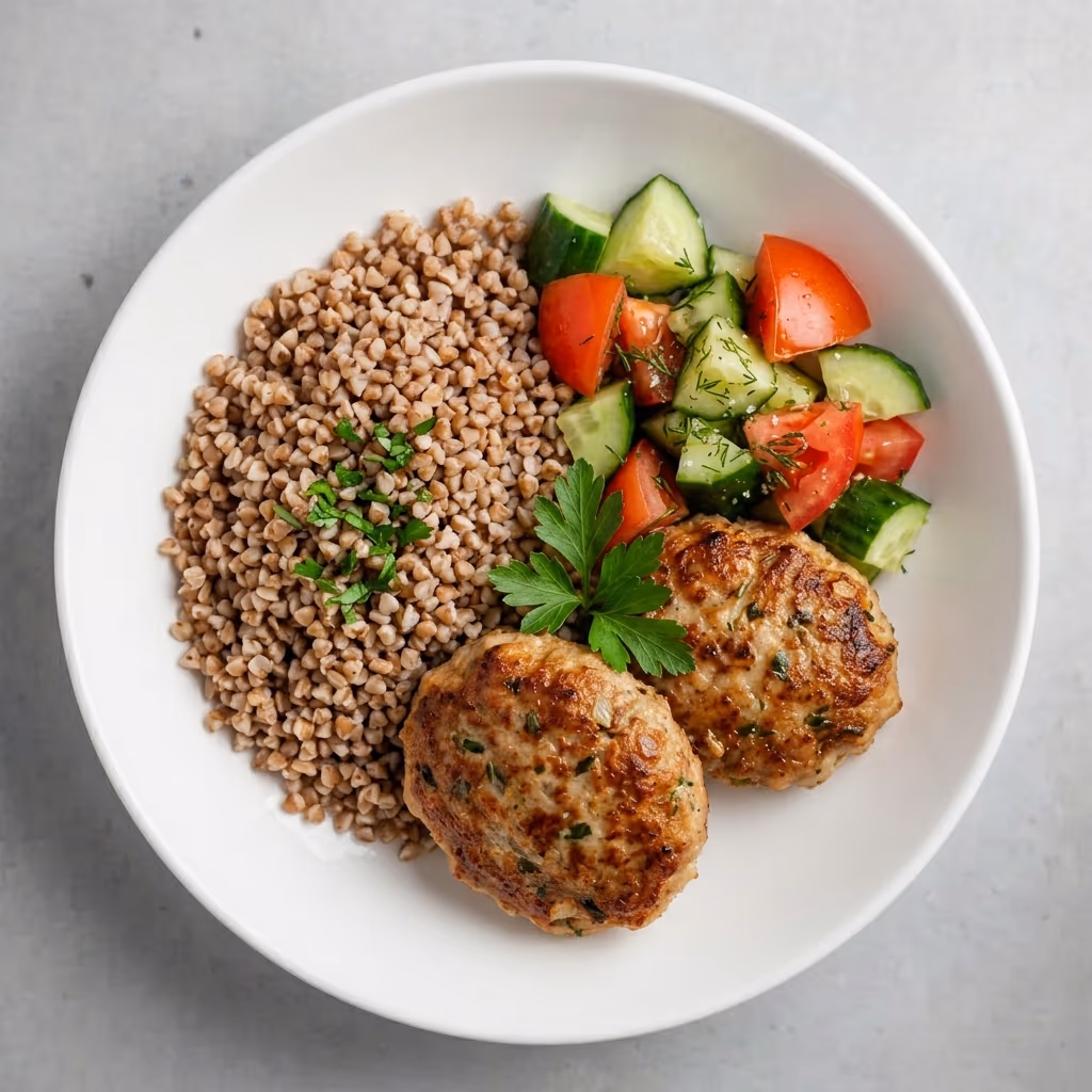 Buckwheat, Meat Patty, Salad