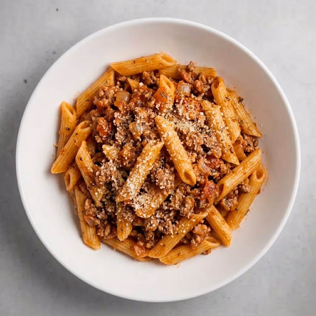 Pasta with ground meat in tomato sauce