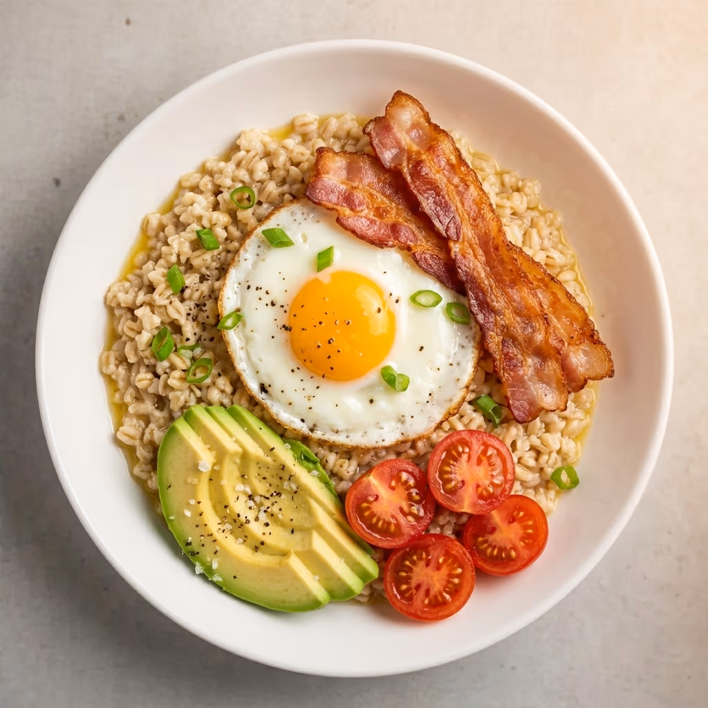 Wheat porridge with egg and bacon